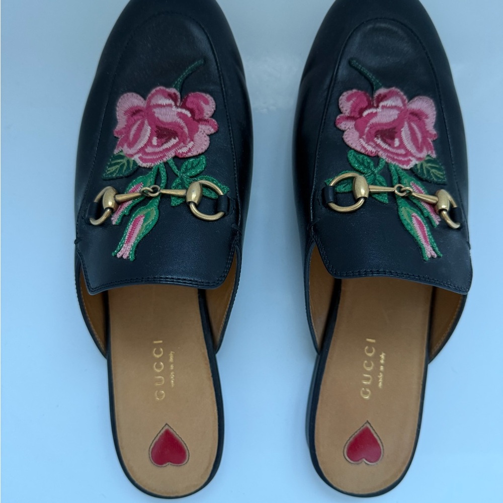 Gucci Black Leather Horsebit Mules with Pink Rose Embroidery - Picture 2 of 3